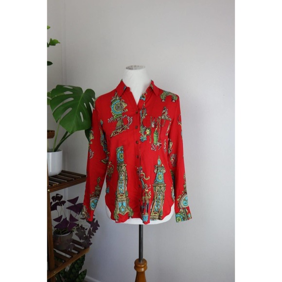 Maeve Anthropologie US 2 UK 6 Red Colorful Antique Clock Print Long Sleeve Shirt - Picture 3 of 4